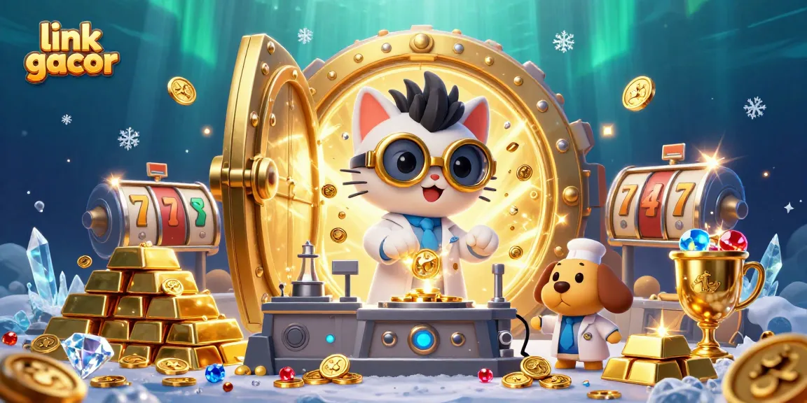 Experience the magic of link gacor with vibrant slot-themed cartoon illustration featuring a mad scientist cat.