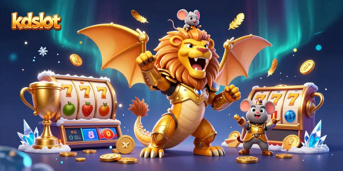 KDslot showcases an epic gaming scene with a chimera creature and a mouse rider, featuring slot reels delivering winning combinations.
