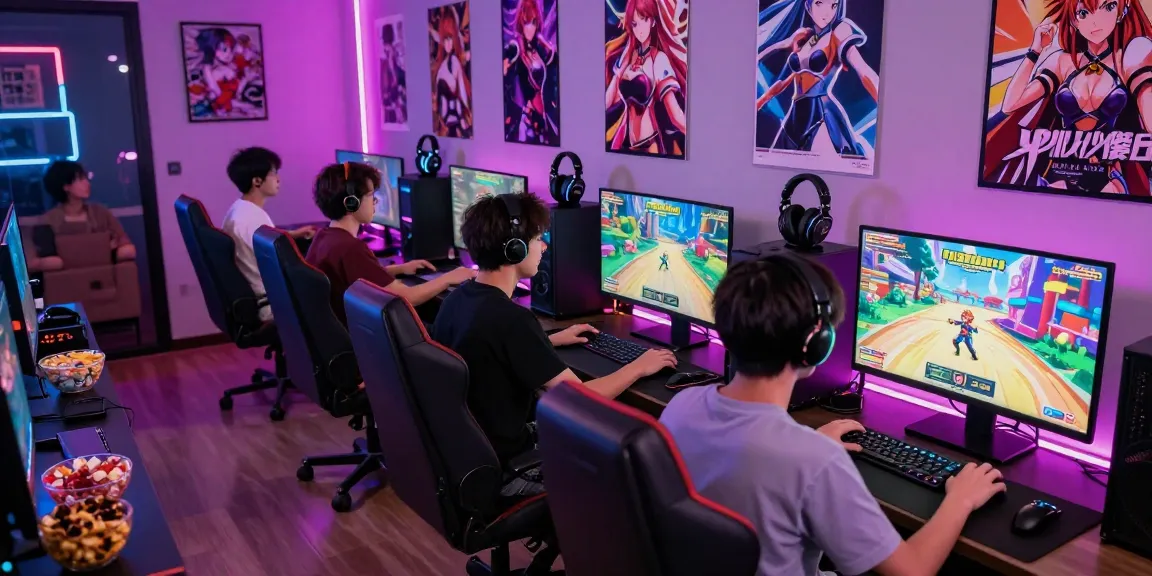 Engaged players enjoying hentai games in a vibrant gaming studio.