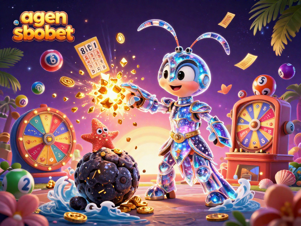 A dynamic scene of gambling excitement with agen sbobet, featuring a mantis shrimp and starfish amidst colorful lottery elements.