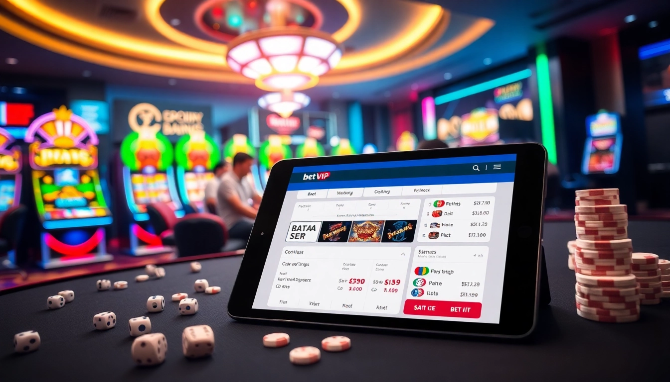 Người chơi tận hưởng cảm giác hồi hộp khi trải nghiệm ứng dụng Bet VIP trong một casino sôi động với các yếu tố cờ bạc nổi bật.