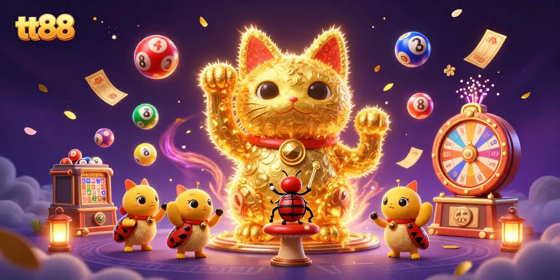 Experience thrilling wins at tt88 with a vibrant scene of our lucky cat, fortune symbols, and dynamic games.