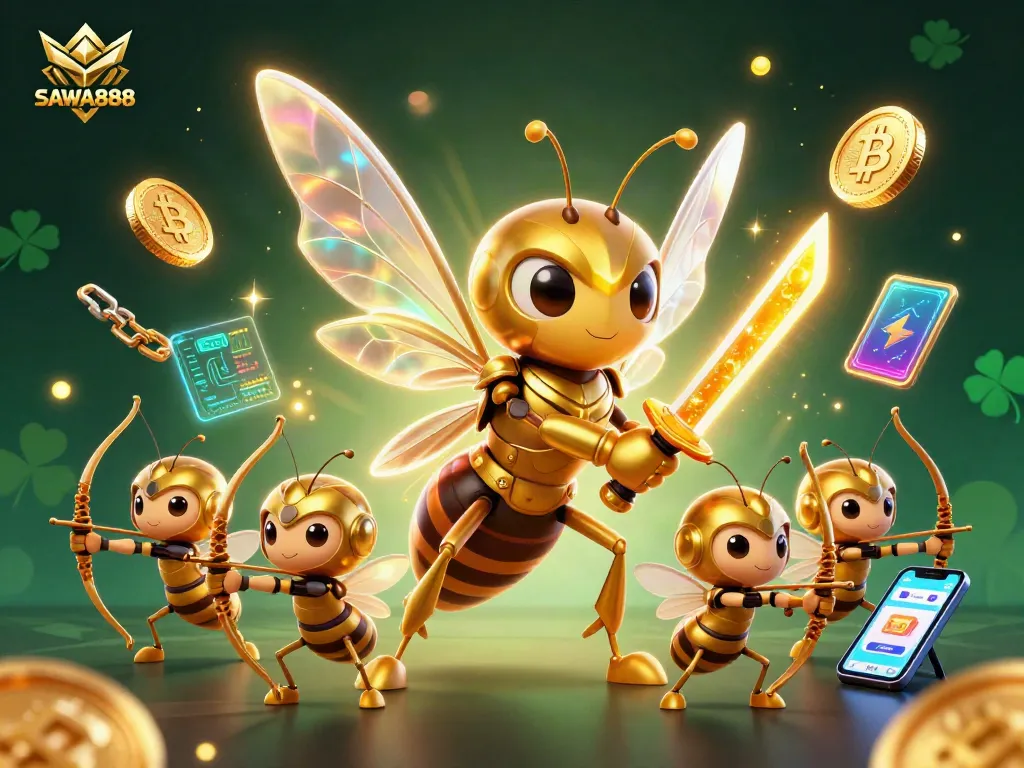 Experience thrilling gameplay with SAWA888 in a vibrant 3D casino scene filled with dynamic crypto elements.