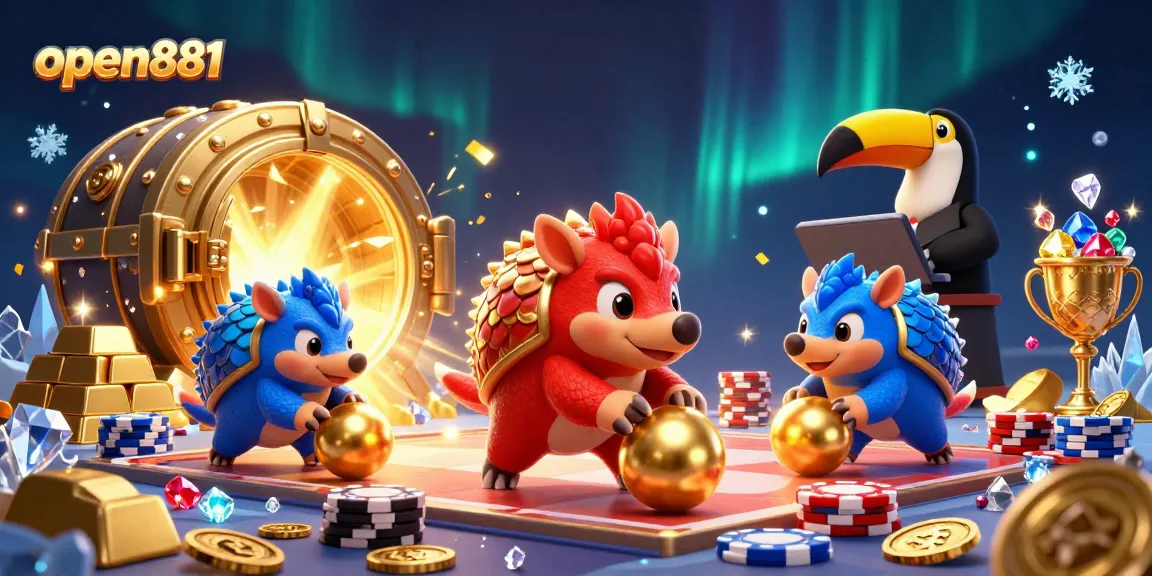 open881 pangolin characters bowling through poker chips in an exciting casino setting