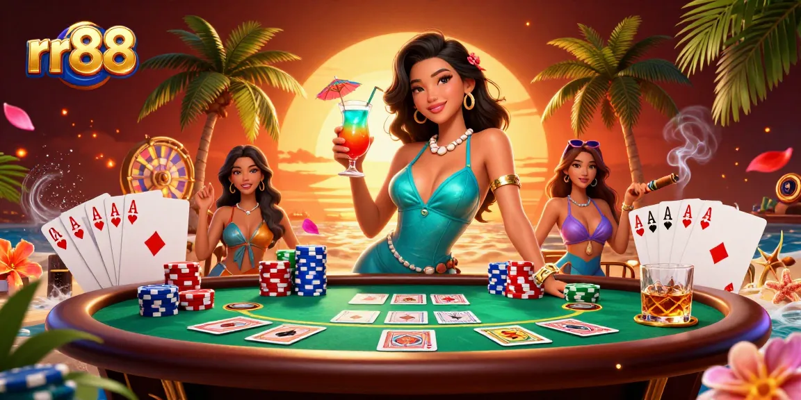 Experience excitement at rr88 with a glamorous Asian woman in a tropical casino setting, showcasing thrilling games.
