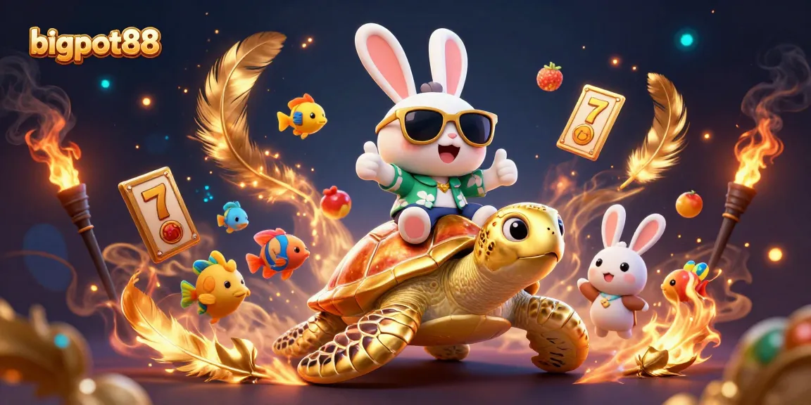Spin jackpots with bigpot88 in a vibrant 3D casino scene filled with lucky symbols and a tropical theme.