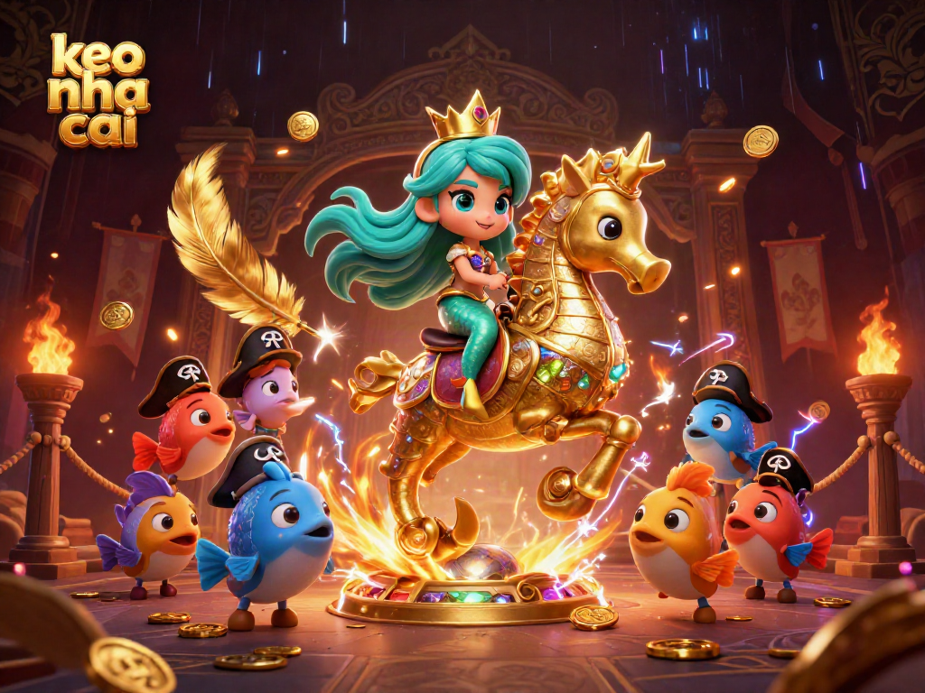 Engage in keo nha cai action with a dynamic scene featuring a mermaid princess, seahorse, and vibrant underwater elements.