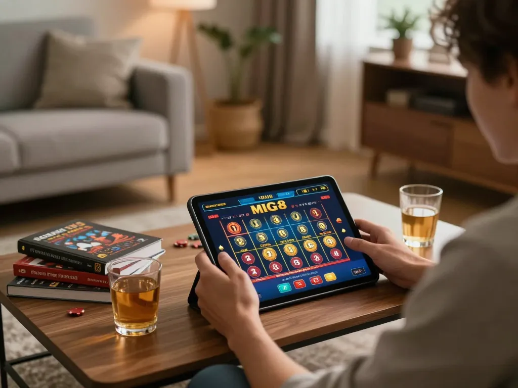 Mig8 user engaged in online gambling with a live dealer game screen displayed on a tablet in a cozy home setting.