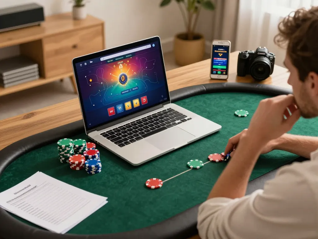 Engaged player strategizing in online poker at okfun com, showcasing chips and gaming interface.