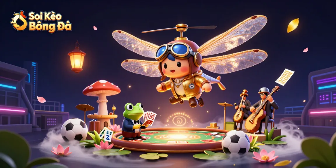 Soi Kèo Bóng Đá: 3D casino scene with a dragonfly pilot and frog croupier showcasing dynamic betting elements.