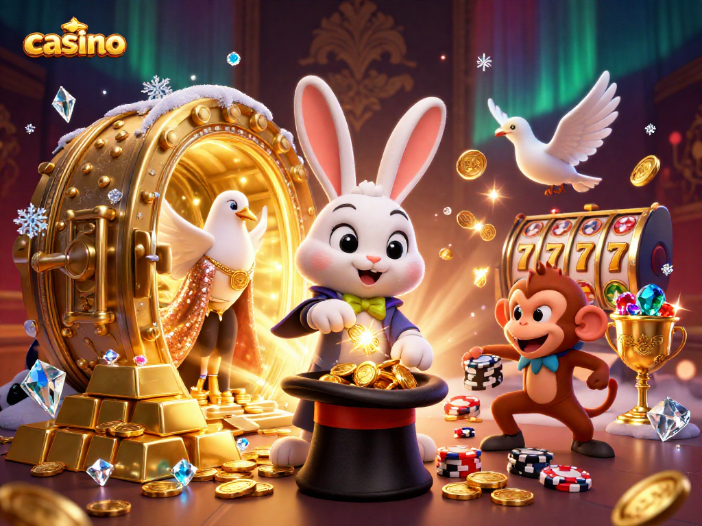 Casino illustration with a magician rabbit, gold coins, and playful monkey in a vibrant scene.