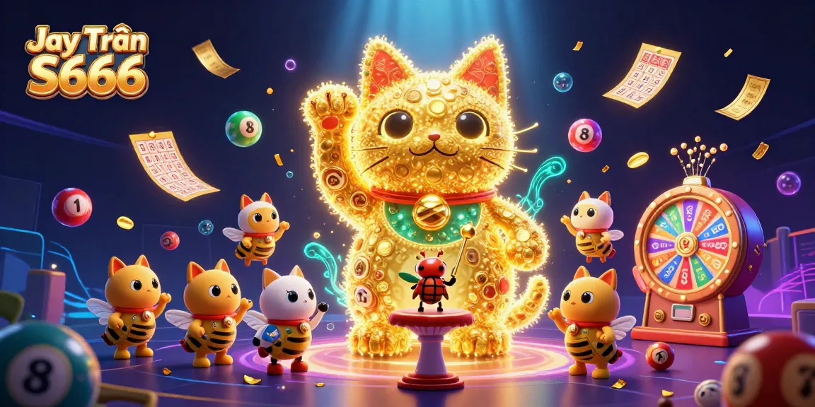 Engage with Jay Trần S666 as golden fireflies form a giant lucky cat, filled with casino symbols.