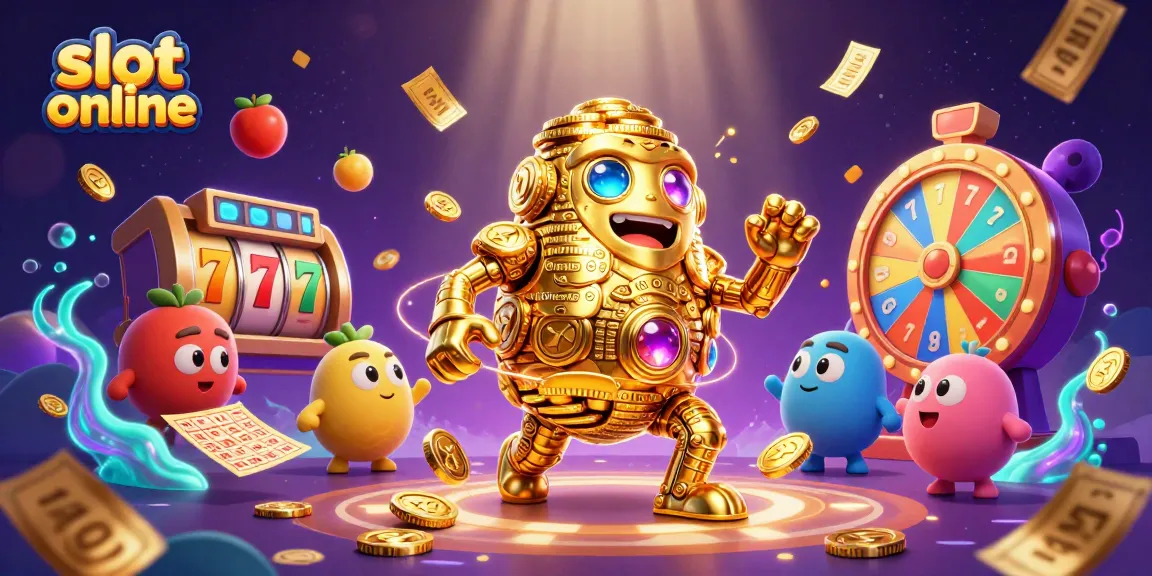 Engage with slot online excitement through an animated scene showcasing a dynamic 3D golden golem surrounded by colorful game elements.