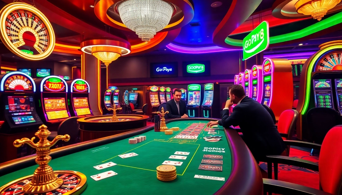 Gopay88 Daftar highlighted in a vibrant casino setting with poker and roulette gameplay.