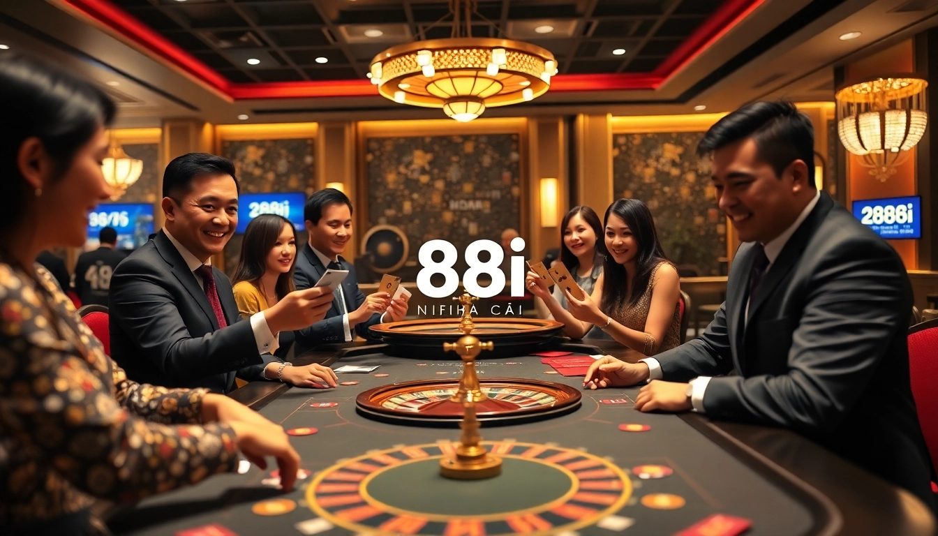 Engaged players enjoying a thrilling game at the 88i nhà cái casino table with vibrant atmosphere.