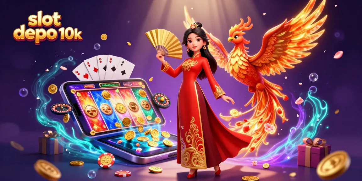 Spin and win at slot depo 10k with colorful slots, enchanting phoenix, and golden elements.