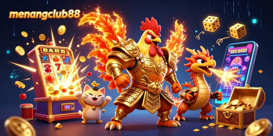 Exciting menangclub88 gaming scene with vibrant characters, slot machines, and golden sparks.
