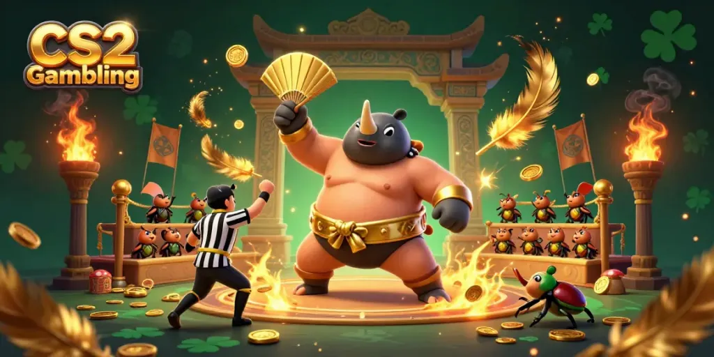 CS2 Gambling event scene with a sumo beetle champion, cricket referee, and mushrooms, rich in atmospheric details.