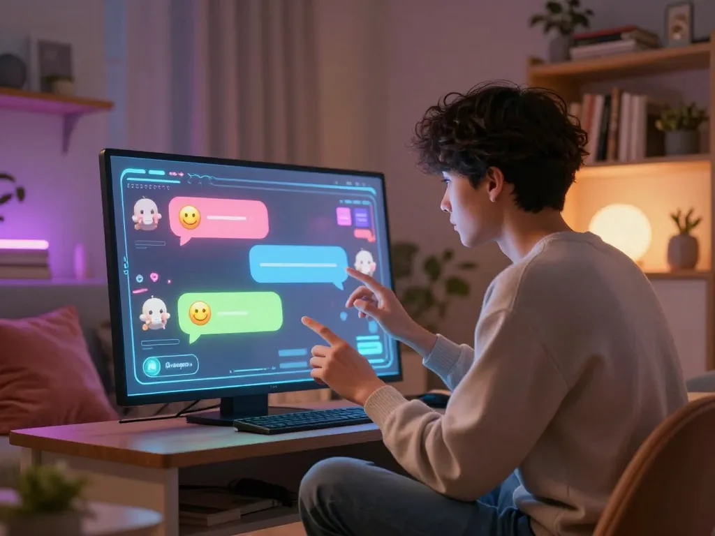 NSFW AI chat engaging character in a cozy virtual room with ambient lighting.