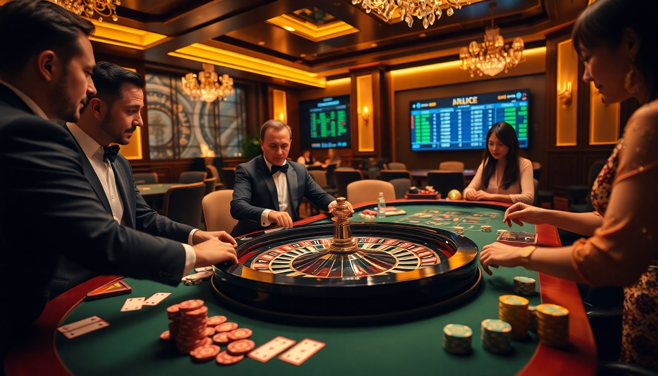 Engaging players at a luxurious casino table emphasizing sbobet login indonesia and the excitement of high-stakes betting.