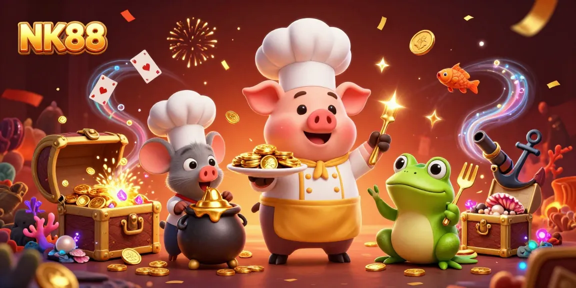 Experience NK88 with vibrant 3D characters enjoying gold coins in a casino-themed celebration.