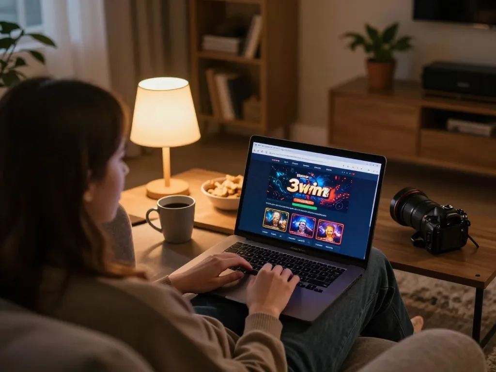 Engaging online gaming scene featuring 3win platform on laptop, cozy home atmosphere