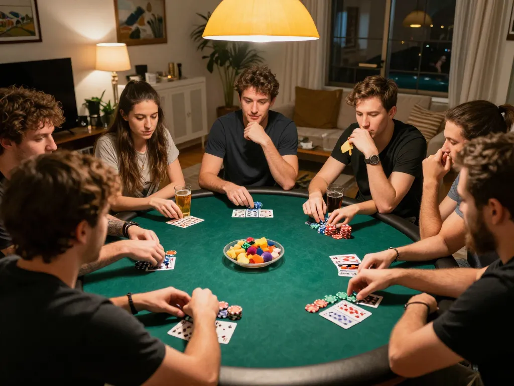 SC88 poker night with friends placing bets and enjoying snacks in cozy home setting