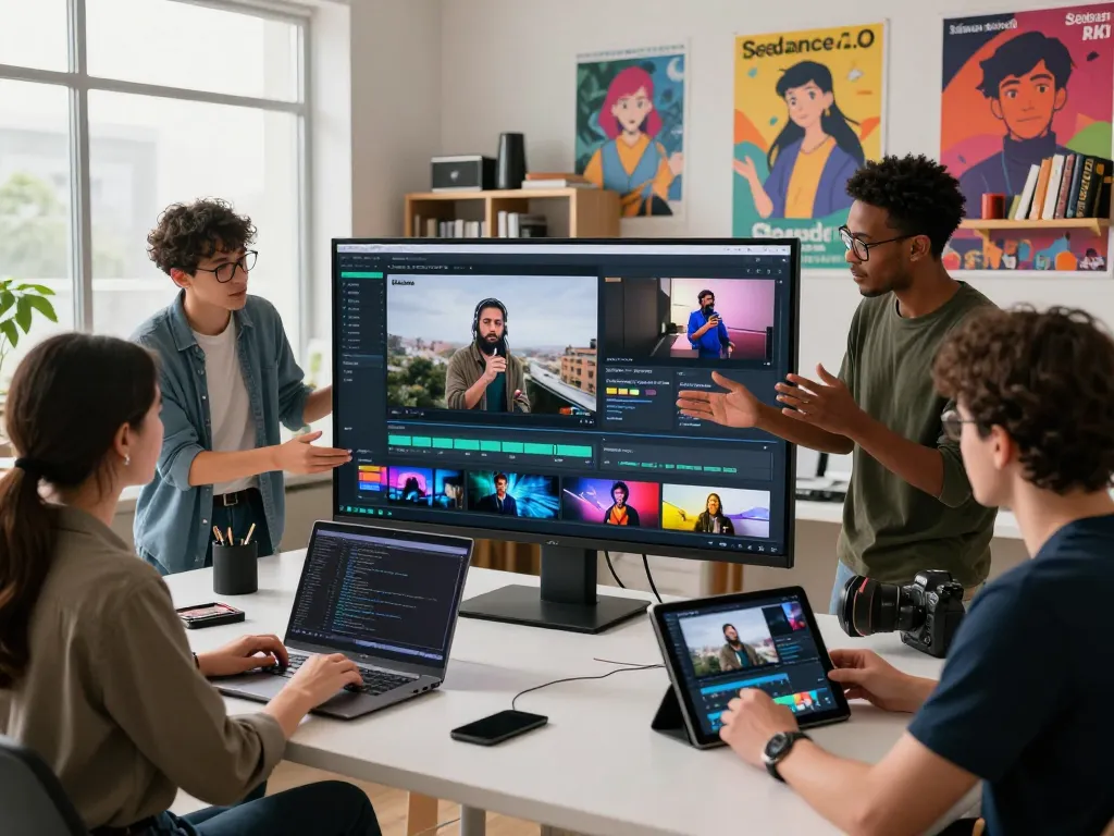 Creative team using Seedance 2.0 in a digital studio to generate dynamic videos
