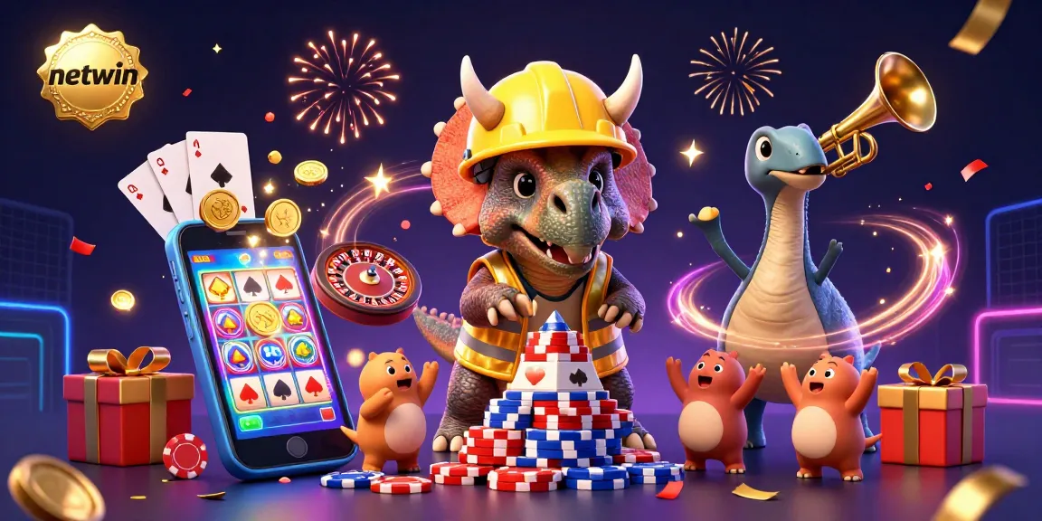 Celebrate winning with netwin in this vibrant 3D illustration featuring gaming characters and elements.