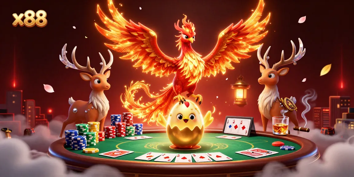 X88 players celebrating a big poker win with vibrant game elements and a mystical ambiance