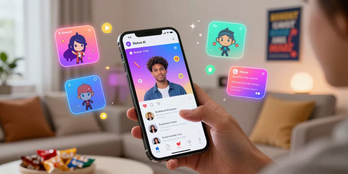 Interactive virtual social adventure in Status AI showcasing user avatar and popular characters.