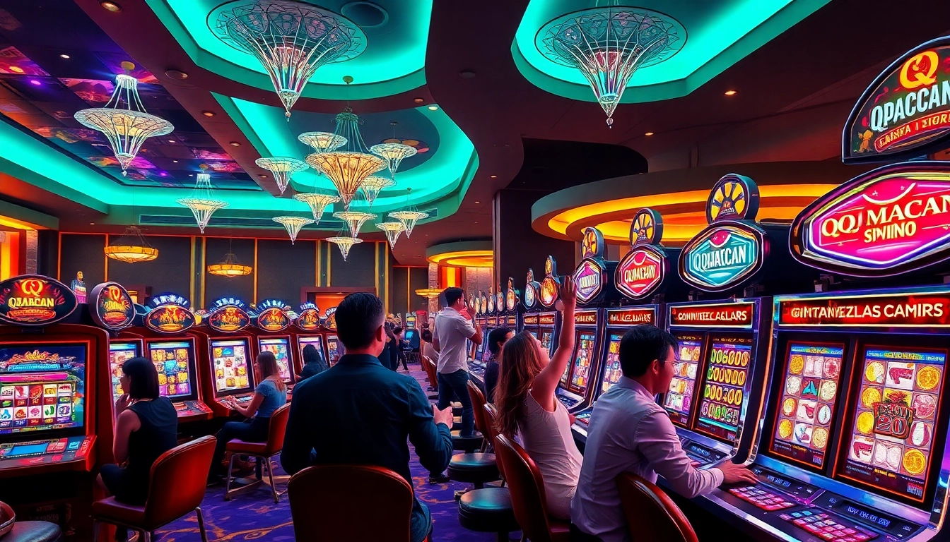 An enthusiastic gambler enjoying a thrilling moment at QQMacan's vibrant slot machines.