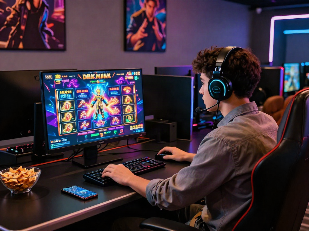 Menampilkan LUXURY111 Daftar di stasiun gaming modern dengan permainan slot menarik dan suasana penuh semangat.