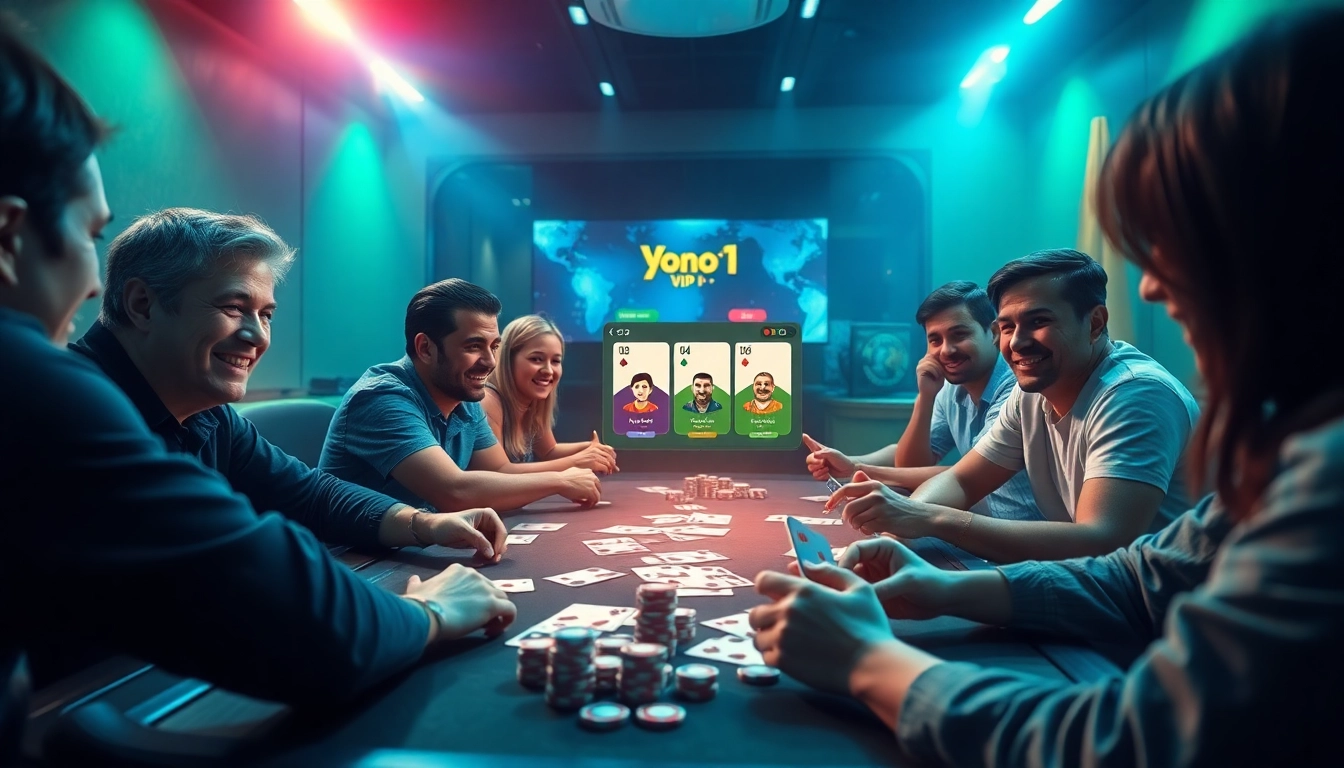 Exciting group of friends enjoying Yono VIP card games on modern platform.