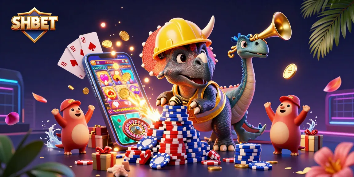 Join the excitement of SHBET's gaming entertainment with a vibrant casino scene featuring a triceratops and friends.