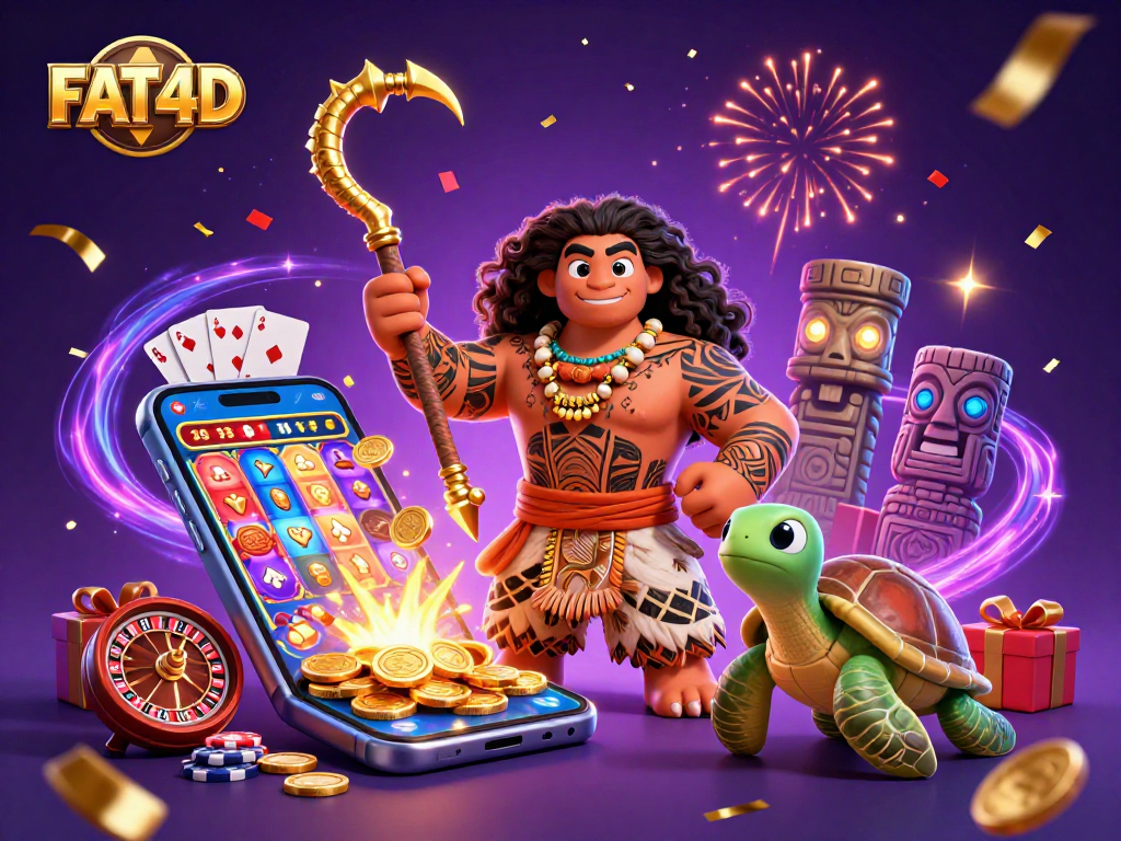 Engage with FAT4D's vibrant casino scene featuring colorful slot games, exciting jackpots, and lively action.