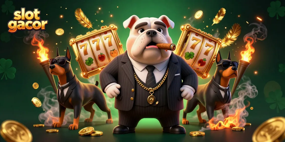 Engage in slot gacor action with a mafia boss bulldog and two Doberman bodyguards amidst thrilling casino elements.