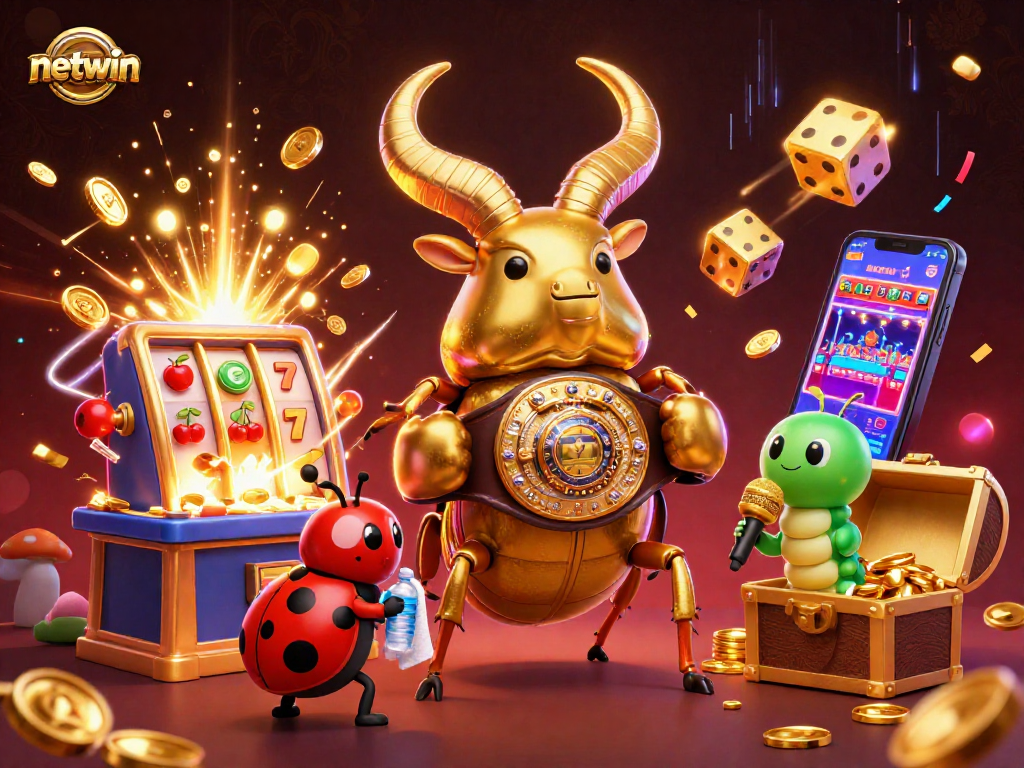 Experience netwin's gaming excitement with a 3D scene featuring a golden stag beetle and colorful casino elements.