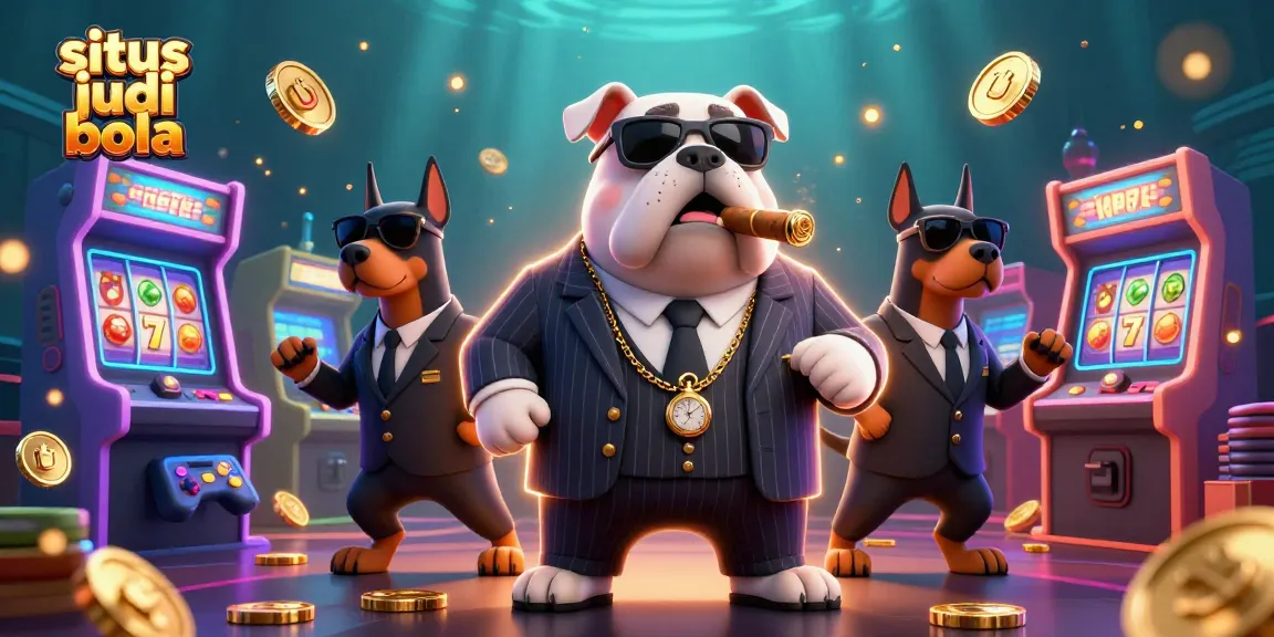 Engage with situs judi bola as a cartoon mafia boss dog oversees slot machines and treasures in a lively casino scene.