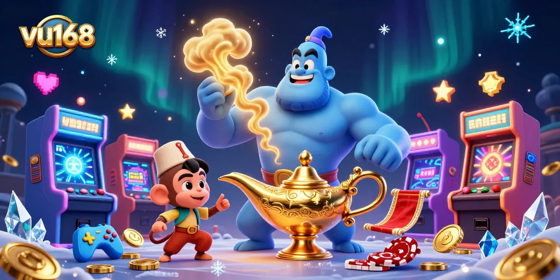 Experience thrilling slots with vu168's vibrant casino scene featuring a genie and playful elements.