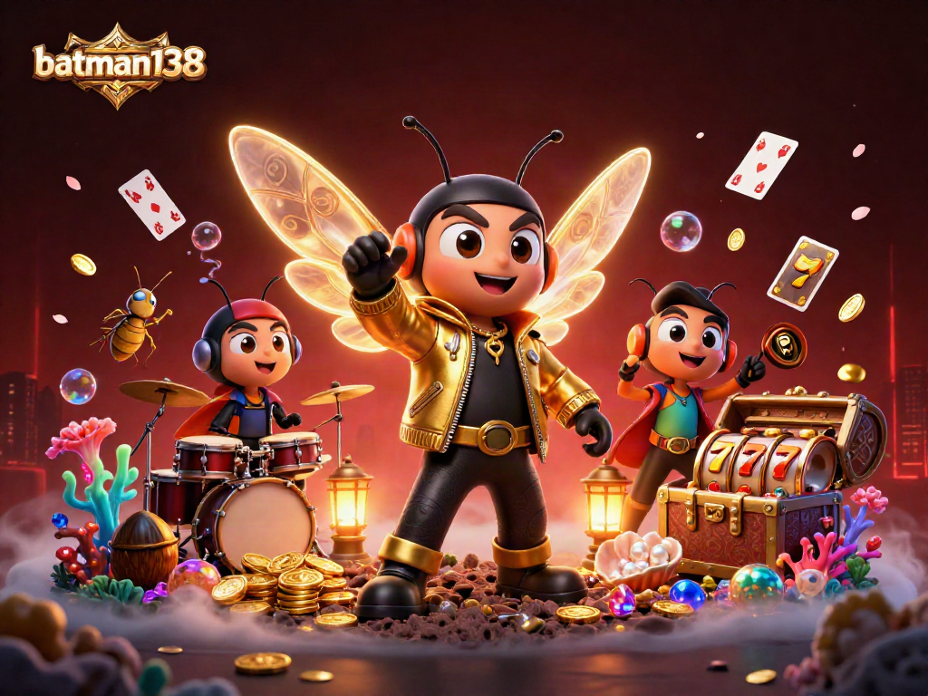 Experience winnings with batman138 as a cartoon cicada rock star in a vibrant casino-themed scene.