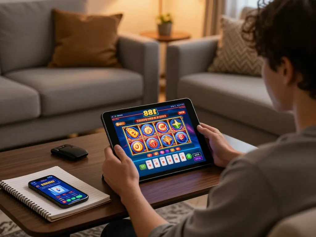 Engaging in online gambling with open 88 interface during a cozy home gaming night.