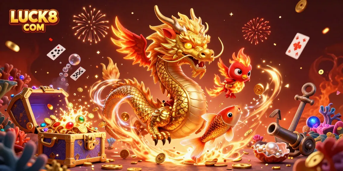 Engage with LUCK8 COM by playing thrilling casino games surrounded by lively characters like a dragon and phoenix.