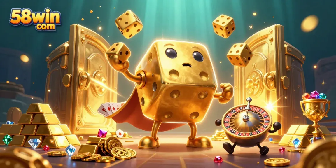 Engage with the dynamic gaming scene at 58win com featuring a golden dice golem, treasure, and vibrant casino elements.