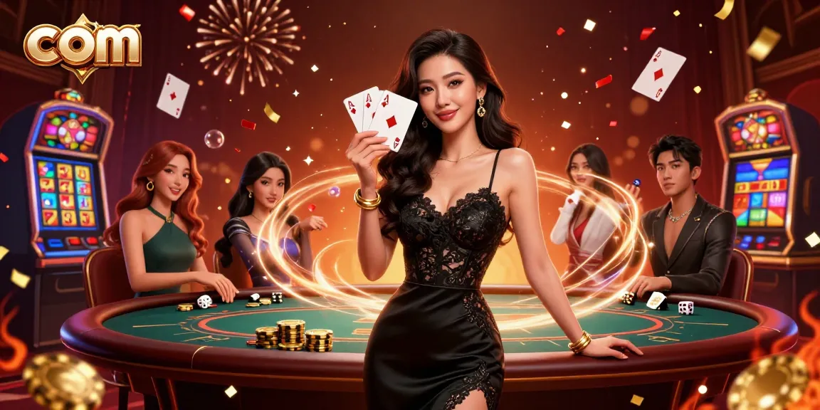 Engage with com in a thrilling casino scene featuring a graceful Asian woman holding ace playing cards.