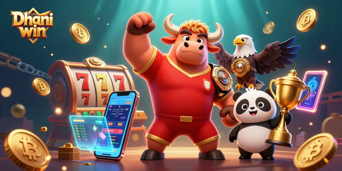Dhani win engages players with vibrant slot games, mascot victory poses, and colorful jackpots.
