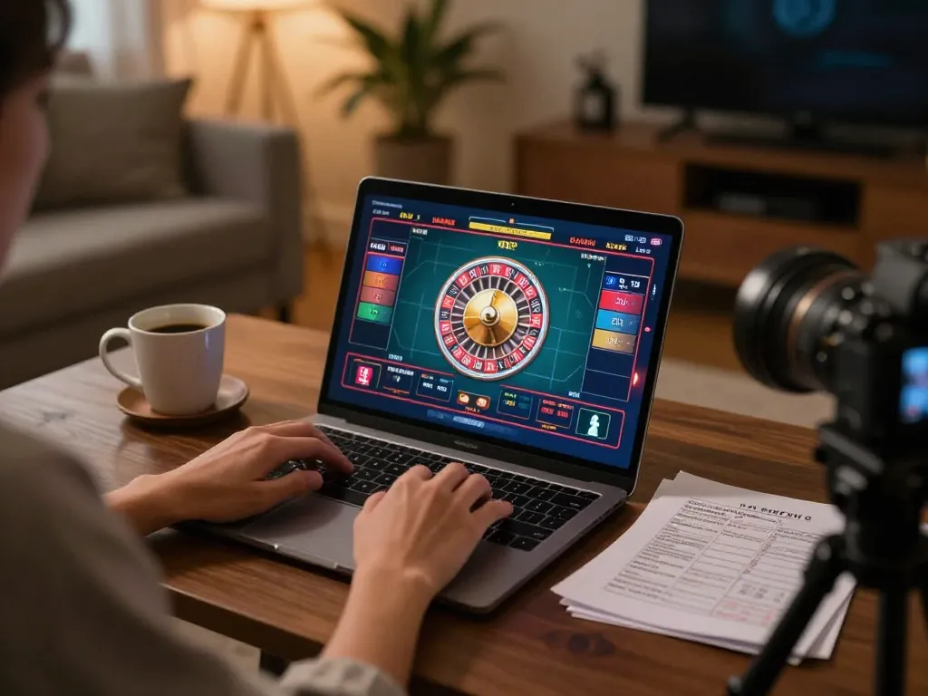 Enjoying gameplay at online casinos not on gamstop with vibrant roulette graphics on screen, cozy home atmosphere.