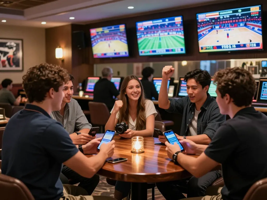 Engaged bettors tracking their wagers on UU88 in an upscale casino sportsbook.