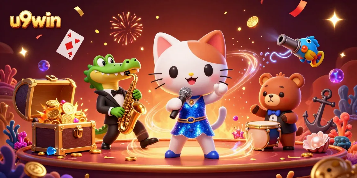 Experience thrilling fun with u9win's vibrant casino scene featuring a jazz-singer cat and friends.