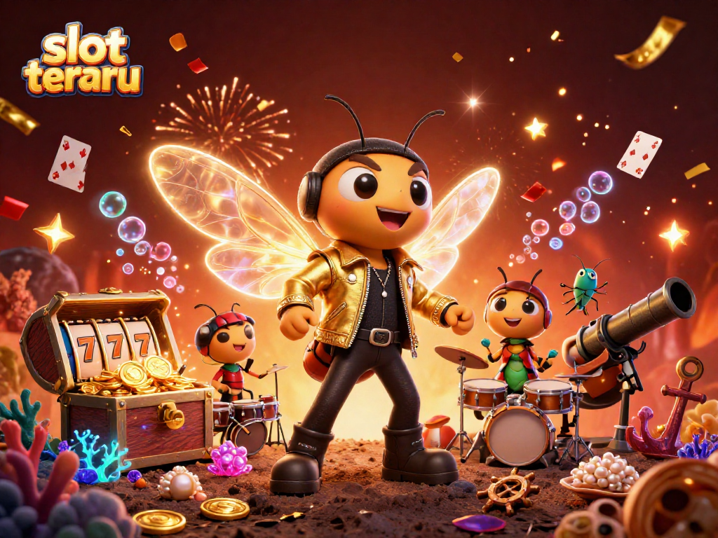 Play slot terbaru with thrilling visuals of a rock star cicada amidst jackpots and vibrant decorations.
